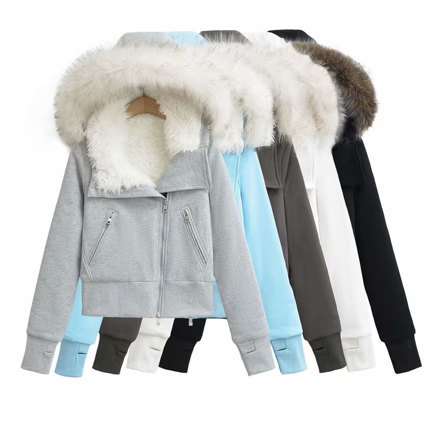 Fluffy Hooded Plain Asymmetrical Zip Up Cropped Jacket