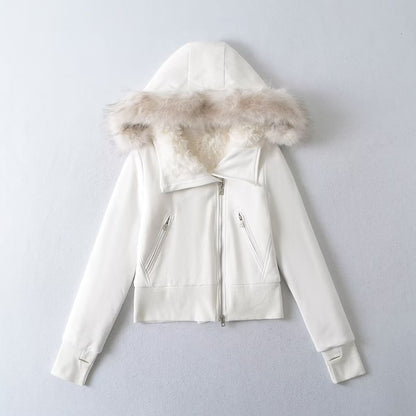 Fluffy Hooded Plain Asymmetrical Zip Up Cropped Jacket