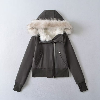 Fluffy Hooded Plain Asymmetrical Zip Up Cropped Jacket