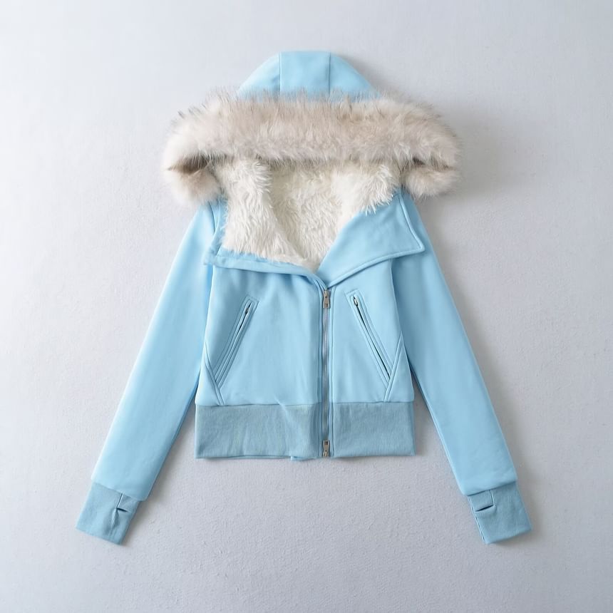 Fluffy Hooded Plain Asymmetrical Zip Up Cropped Jacket