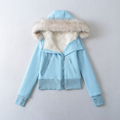 Fluffy Hooded Plain Asymmetrical Zip Up Cropped Jacket