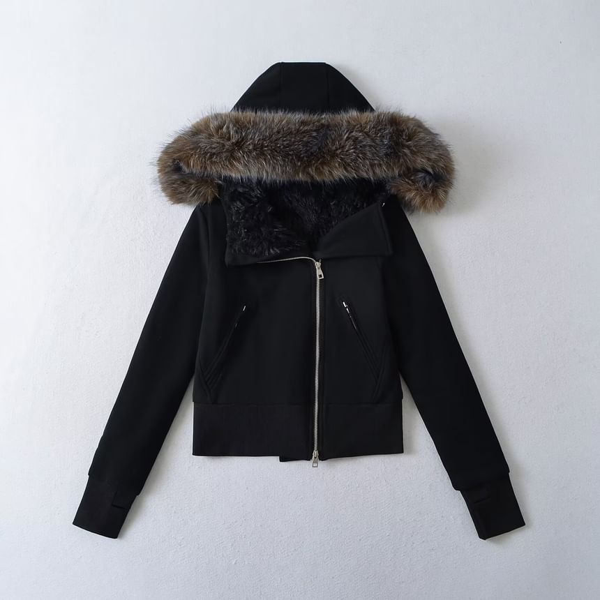 Fluffy Hooded Plain Asymmetrical Zip Up Cropped Jacket