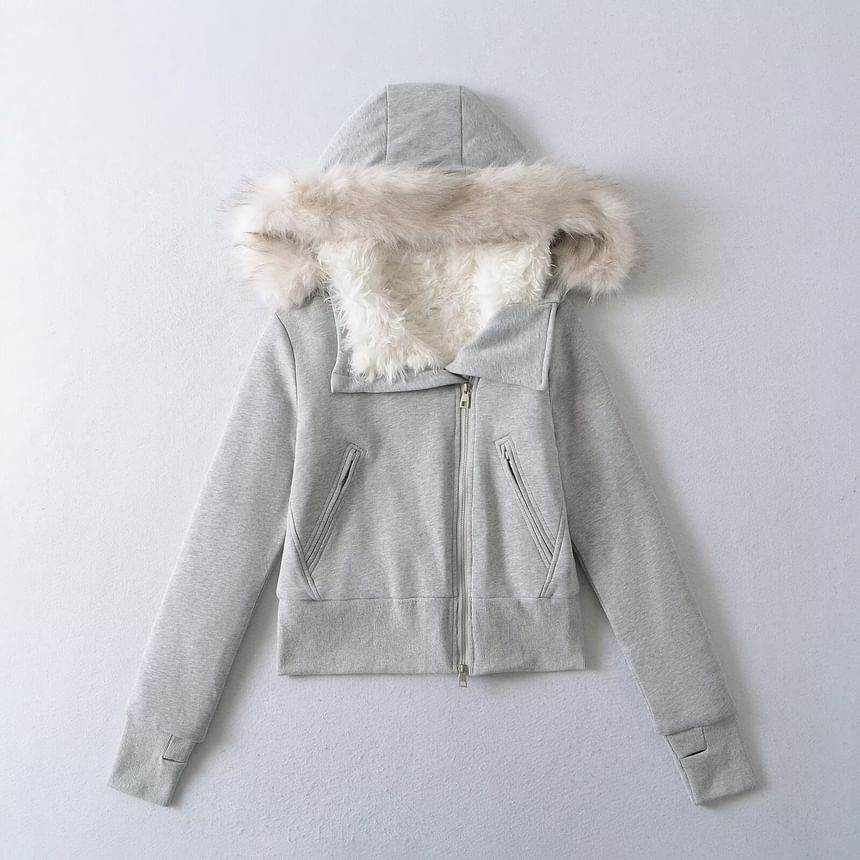 Fluffy Hooded Plain Asymmetrical Zip Up Cropped Jacket