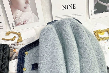 Boucle Round Neck Jacket Button Panel Denim