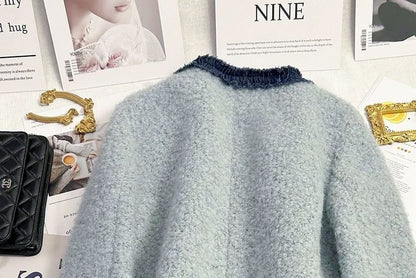 Boucle Round Neck Jacket Button Panel Denim