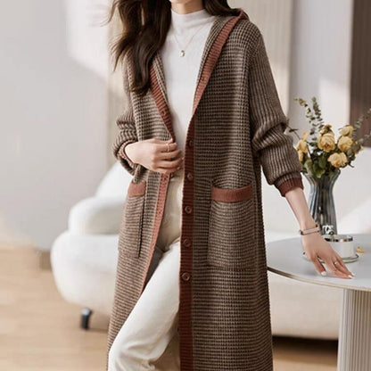 Hooded Contrast Trim Single Breasted Long Cardigan