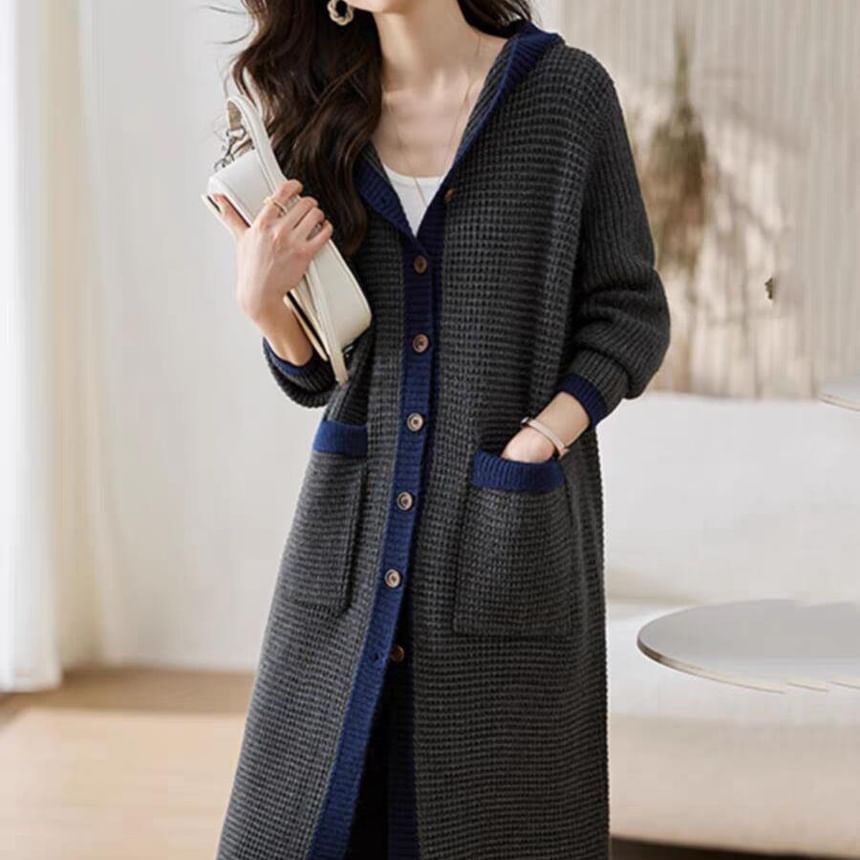 Hooded Contrast Trim Single Breasted Long Cardigan
