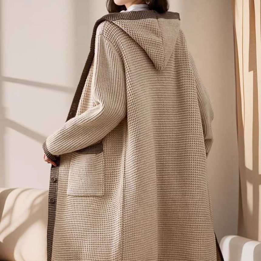Hooded Contrast Trim Single Breasted Long Cardigan
