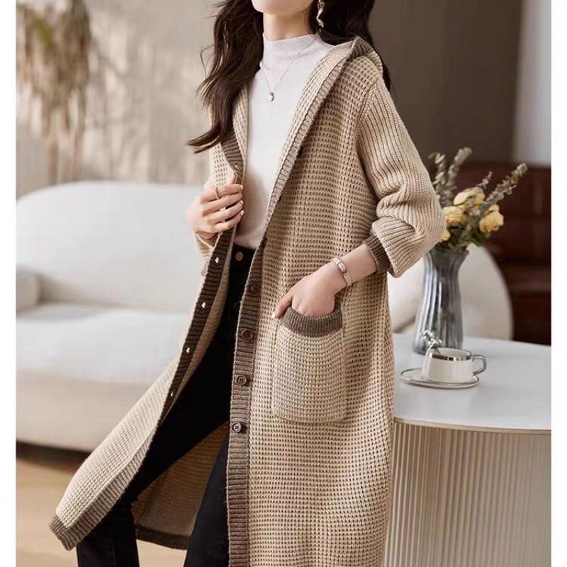 Hooded Contrast Trim Single Breasted Long Cardigan