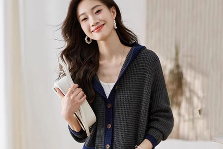 Hooded Contrast Trim Single Breasted Long Cardigan