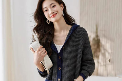Hooded Contrast Trim Single Breasted Long Cardigan