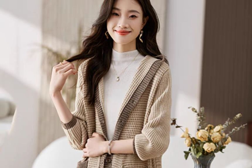 Hooded Contrast Trim Single Breasted Long Cardigan