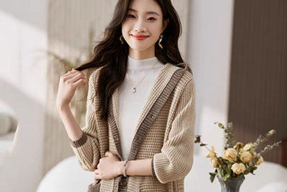 Hooded Contrast Trim Single Breasted Long Cardigan