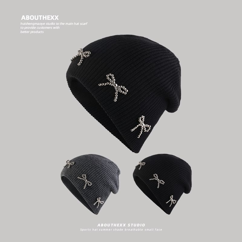 Metallic Bow Studded Knit Beanie