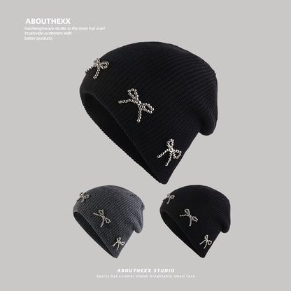 Metallic Bow Studded Knit Beanie