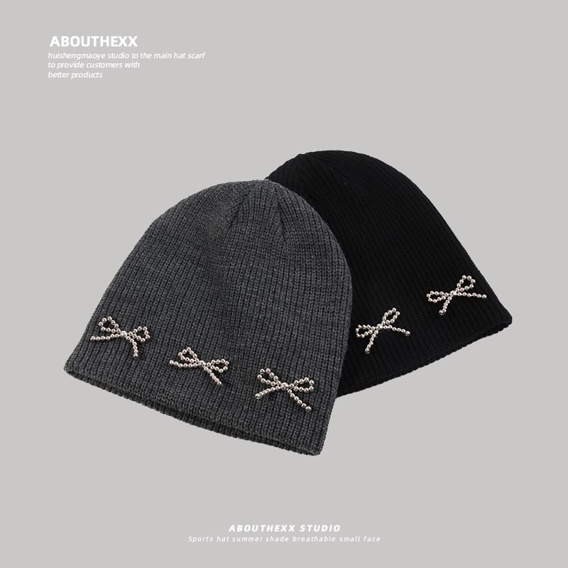 Metallic Bow Studded Knit Beanie