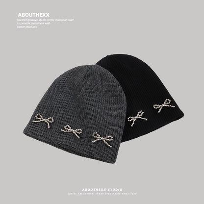 Metallic Bow Studded Knit Beanie