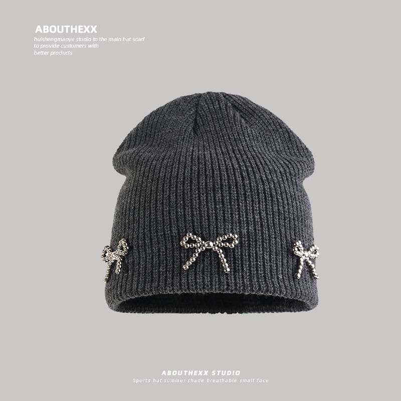 Metallic Bow Studded Knit Beanie