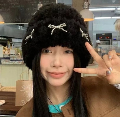 Metallic Bow Studded Chenille Beanie