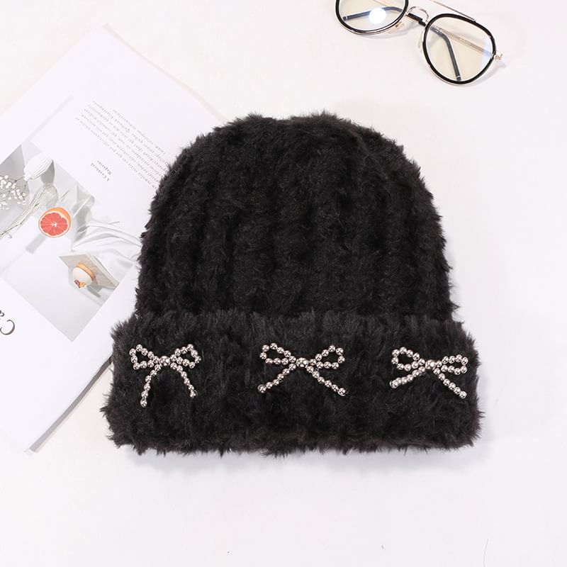 Metallic Bow Studded Chenille Beanie