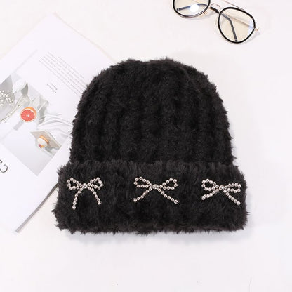 Metallic Bow Studded Chenille Beanie