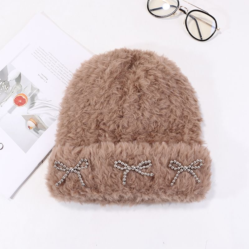 Metallic Bow Studded Chenille Beanie