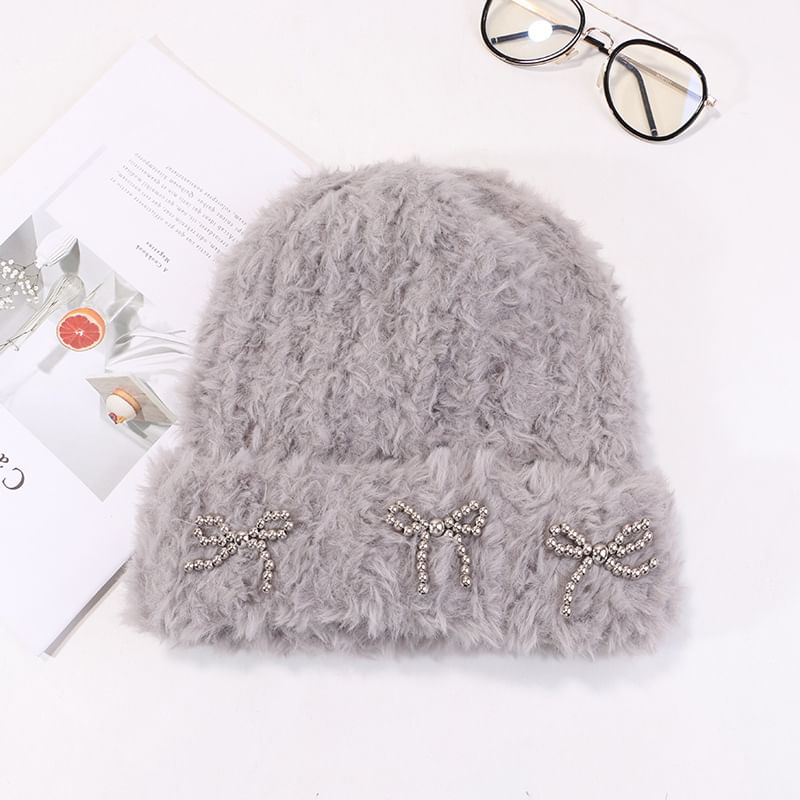 Metallic Bow Studded Chenille Beanie