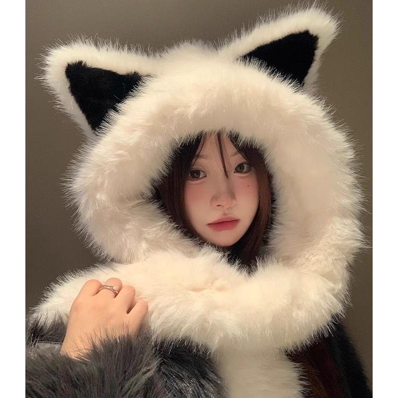 Fox Ear Chenille Hooded Scarf
