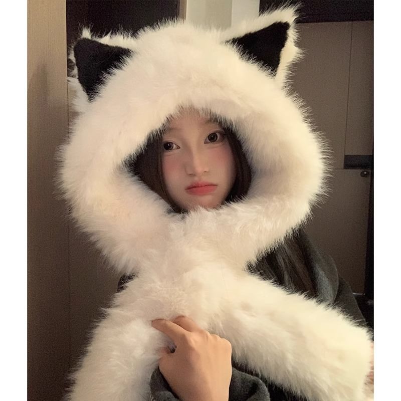 Fox Ear Chenille Hooded Scarf