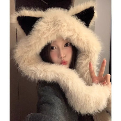 Fox Ear Chenille Hooded Scarf