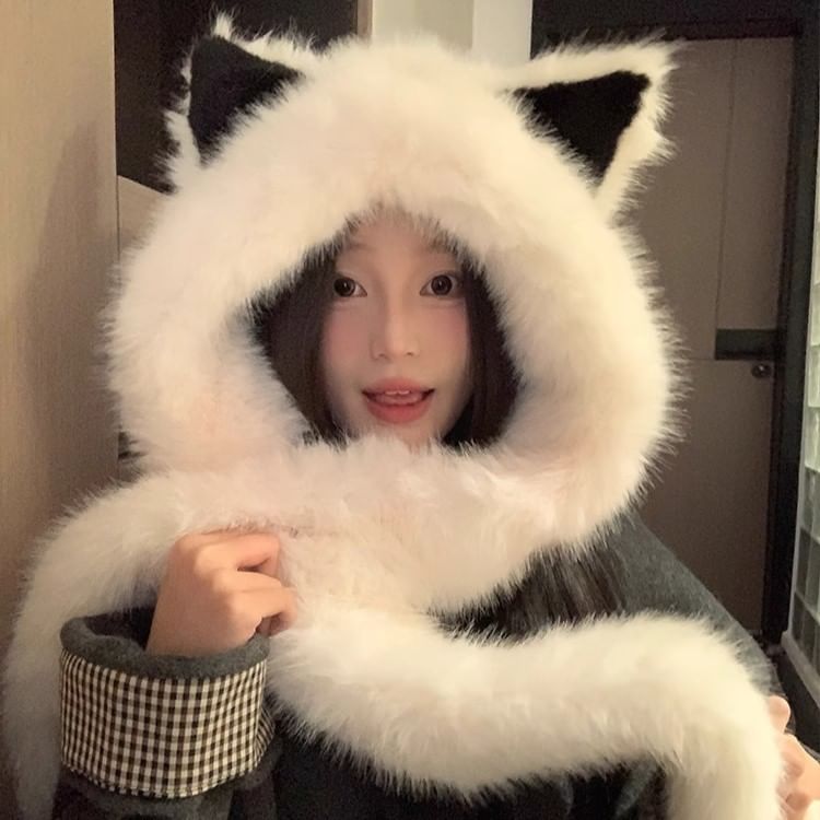 Fox Ear Chenille Hooded Scarf