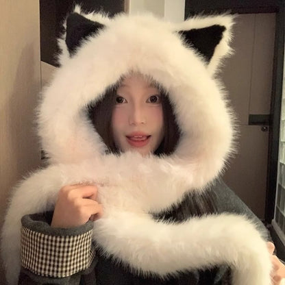 Fox Ear Chenille Hooded Scarf