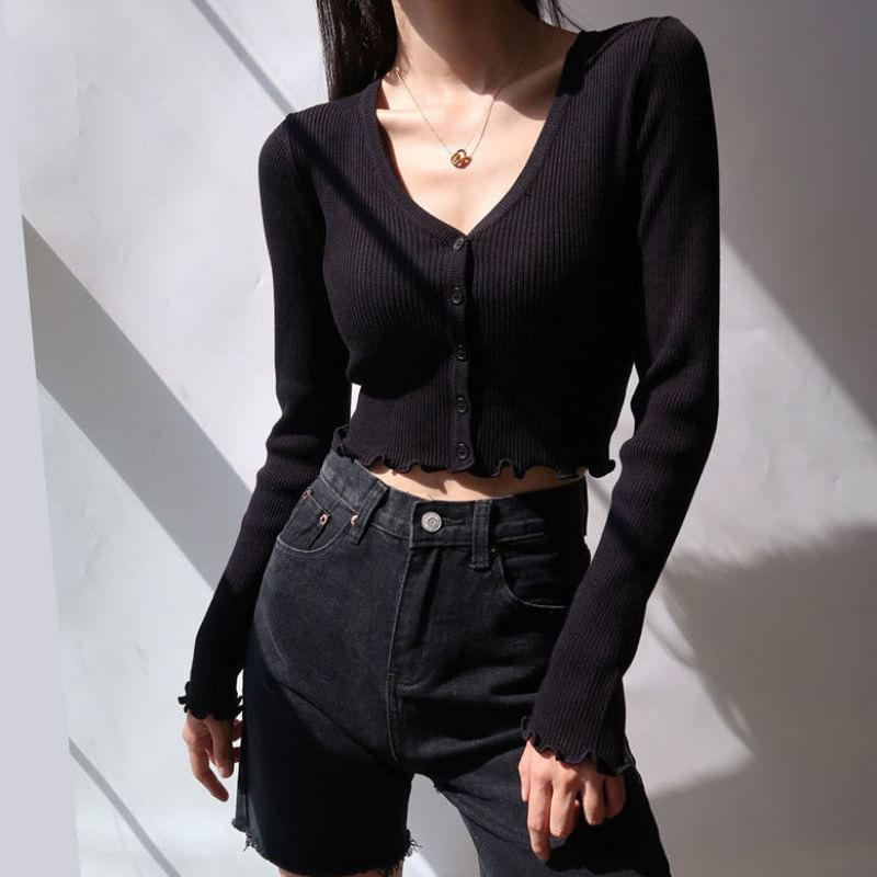 Ribbed V-Neck Cropped Sweater
