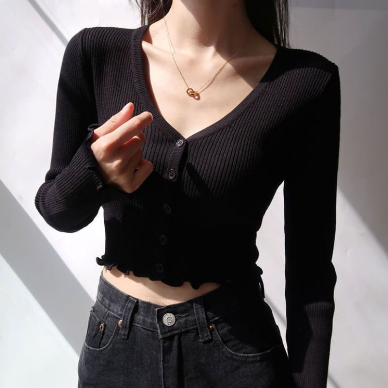 Ribbed V-Neck Cropped Sweater