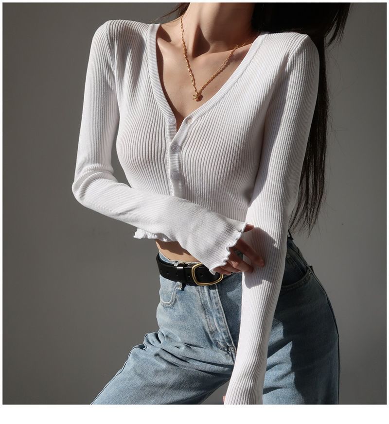Ribbed V-Neck Cropped Sweater