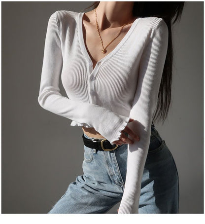 Ribbed V-Neck Cropped Sweater