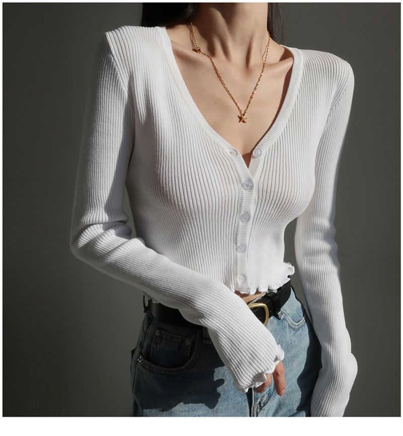 Ribbed V-Neck Cropped Sweater