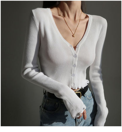 Ribbed V-Neck Cropped Sweater