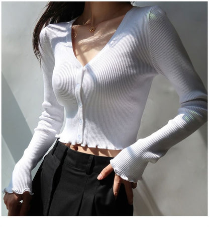 Ribbed V-Neck Cropped Sweater