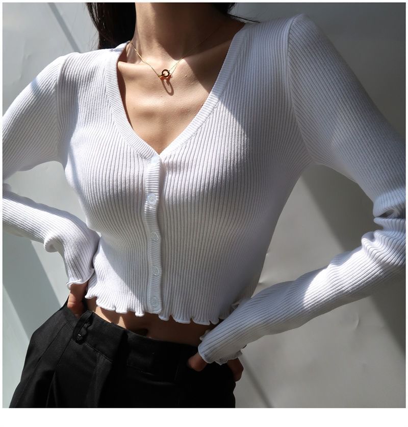 Ribbed V-Neck Cropped Sweater