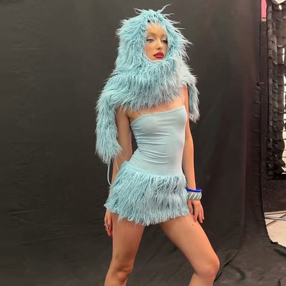 Faux Fur Shrug / Spaghetti Strap Mini Bodycon Dress