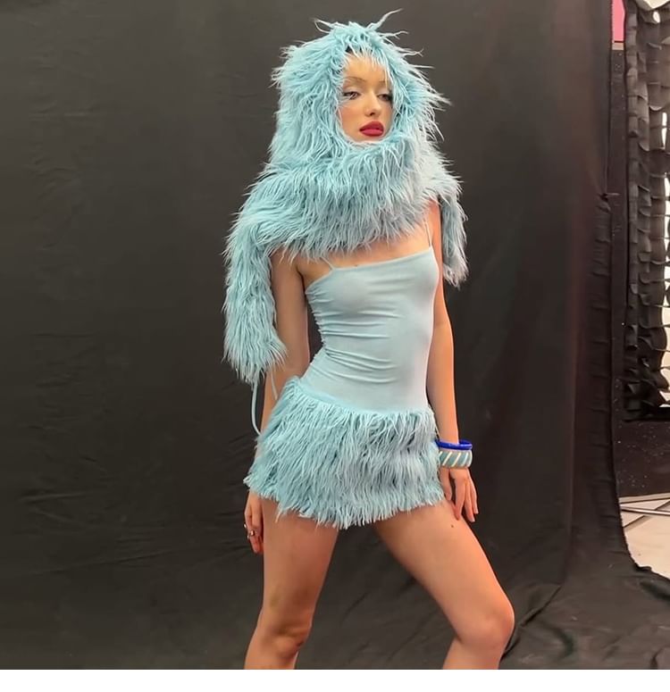 Faux Fur Shrug / Spaghetti Strap Mini Bodycon Dress