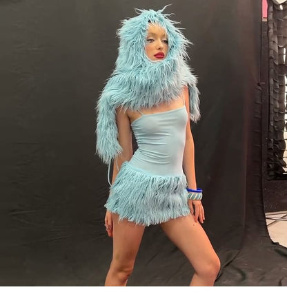 Faux Fur Shrug / Spaghetti Strap Mini Bodycon Dress