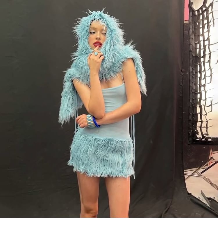 Faux Fur Shrug / Spaghetti Strap Mini Bodycon Dress