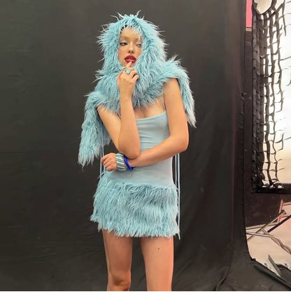 Faux Fur Shrug / Spaghetti Strap Mini Bodycon Dress