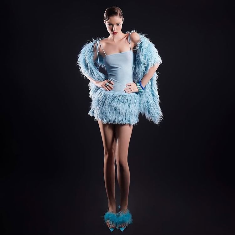 Faux Fur Shrug / Spaghetti Strap Mini Bodycon Dress