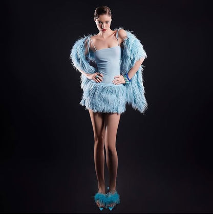 Faux Fur Shrug / Spaghetti Strap Mini Bodycon Dress