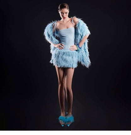 Faux Fur Shrug / Spaghetti Strap Mini Bodycon Dress