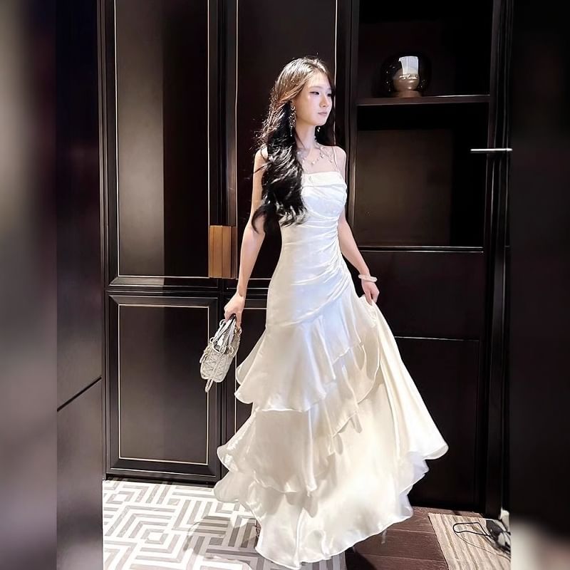 Spaghetti Strap Plain Ruffle Ruched A-Line Evening Dress