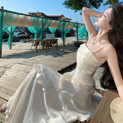 Spaghetti Strap Plain Ruffle Ruched A-Line Evening Dress